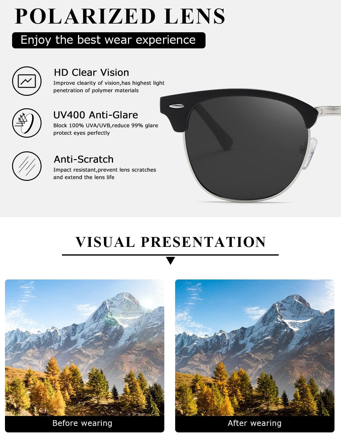 Polarized Sunglasses for Women and Men Semi Rimless Frame Retro Sun Glasses AE0369
