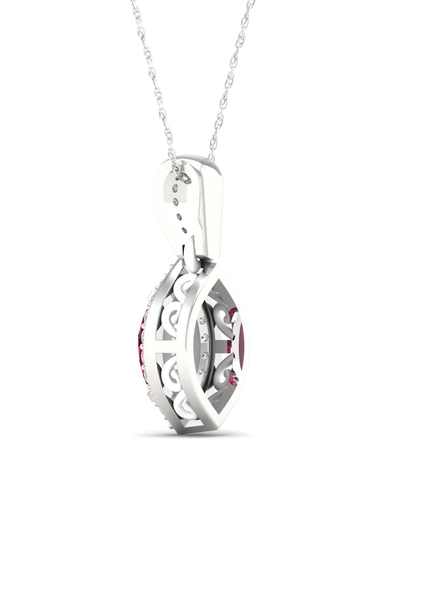 Gemstone 10K White Gold Marquise Cut Ruby 1/20 CT TW Diamond Halo Pendant Necklace