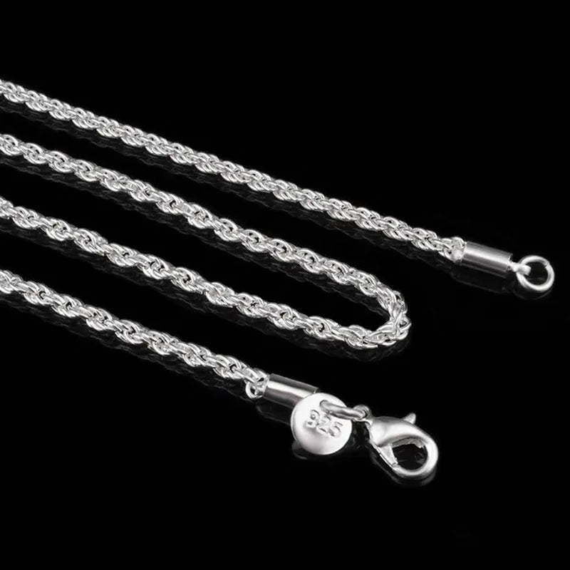 100% Genuine 925 Sterling Silver Rope Twist Necklace For Women and Men,Width 3mm Length:16.18.20.22.24,26,28,30inch, Retail Price:$299