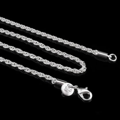 100% Genuine 925 Sterling Silver Rope Twist Necklace For Women and Men,Width 3mm Length:16.18.20.22.24,26,28,30inch, Retail Price:$299