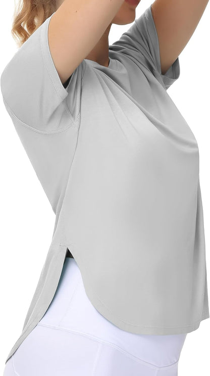 Women'S Workout T-Shirts Loose Fit Short Sleeve Cotton Running Basic Tee Tops with Split Hem - WORLD TIME VISITS