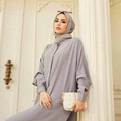 Muslim Dresses for Women Abaya Button down Henley Shirt Prayer Dress Batwing Long Sleeve Middle East Arabian Robe