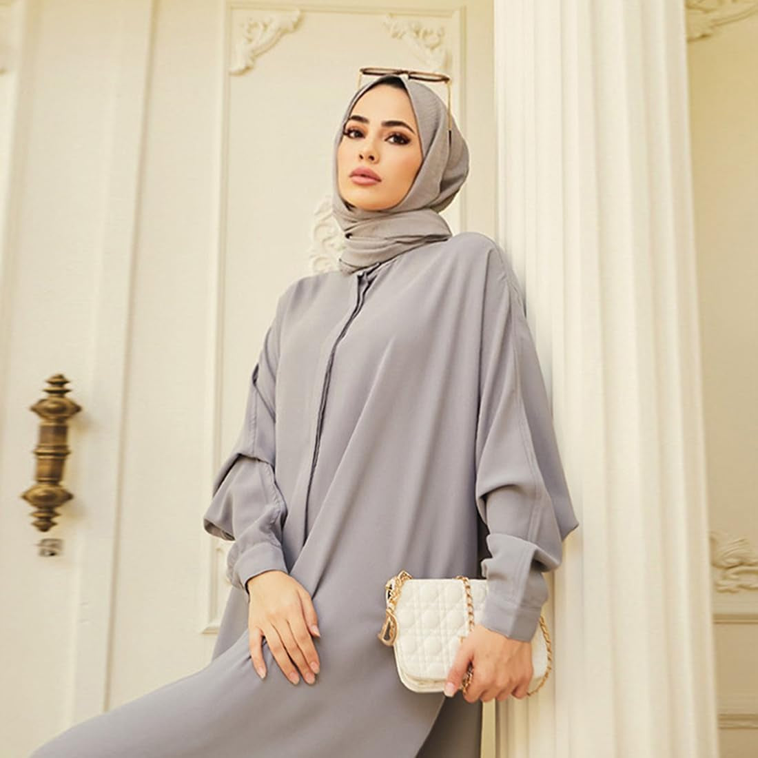 Muslim Dresses for Women Abaya Button down Henley Shirt Prayer Dress Batwing Long Sleeve Middle East Arabian Robe