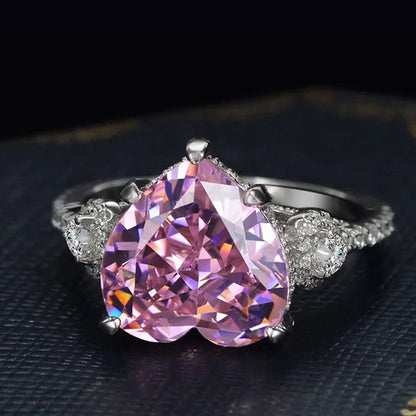 Luxury Silver Plated Simulated Pink Heart-Shaped Lab Diamond Engagement Ring with Side Stones Promise Bridal Ring