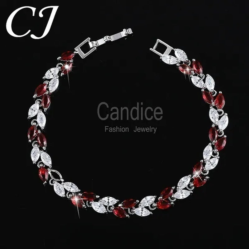 CANDICE 100% Real Silver Female Jewelry Simple Leaf Shape Multicolor Cubic Zirconia Strand Bracelet For Lady