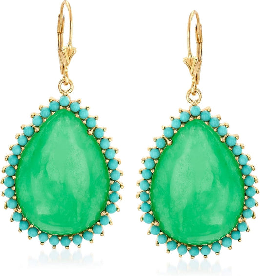 Jade and Simulated Turquoise Drop Earrings in 14Kt Gold over Sterling - WORLD TIME VISITS