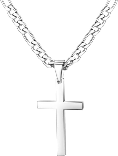 Cross Necklace for Men - Stainless Steel Silver/Gold Plain Cross Pendant Necklace Simple Jewelry Gifts, 20/22/24/26 Inches 3:1 Figaro Link Chain 4/5/6Mm Width