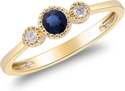 10K Yellow Gold Genuine Blue Sapphire Ring with Diamonds for Women | Ethically, Authentically & Organically Sourced (Round-Cut) Shaped Sapphire Jewelry for Her | Sapphire Ring for Women