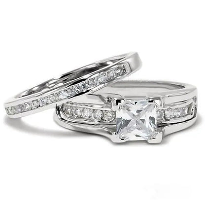 His and Hers Stainless Steel Princess Wedding Ring Set and Zirconia Wedding Band