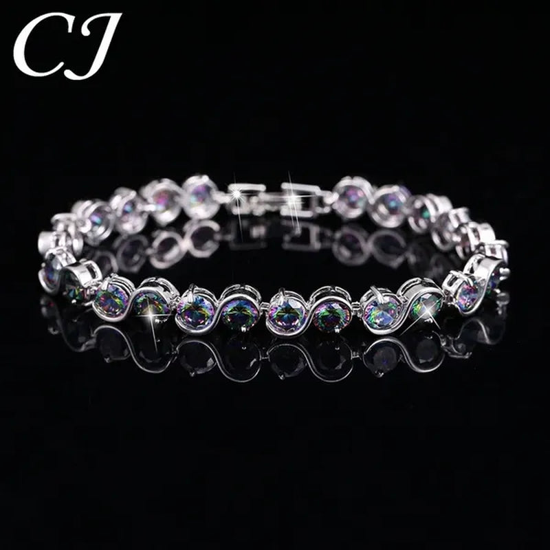 CANDICE Amazing S Shaped with Round Genuine Mystic Rainbow Crystal Stone Women Bracelet Solid Sterling Silver Plated