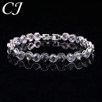 CANDICE Amazing S Shaped with Round Genuine Mystic Rainbow Crystal Stone Women Bracelet Solid Sterling Silver Plated