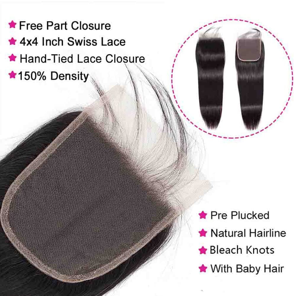 Straight Bundles with Closure Human Hair 10 12 14+10 Brazilian Human Hair Bundles with Closure Straight 100% Unprocessed Virgin Weave Hair Bundles with Closure 10A Bundles Human Hair with Lace Closure