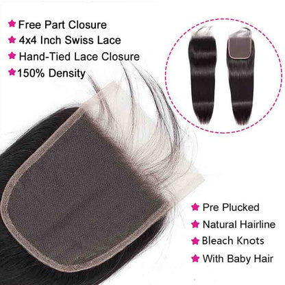 Straight Bundles with Closure Human Hair 10 12 14+10 Brazilian Human Hair Bundles with Closure Straight 100% Unprocessed Virgin Weave Hair Bundles with Closure 10A Bundles Human Hair with Lace Closure