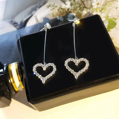 New Exquisite Korean Women'S Fashion Diamond Long Tassel Heart-Shaped Pendant Earrings Jewelry Gift
