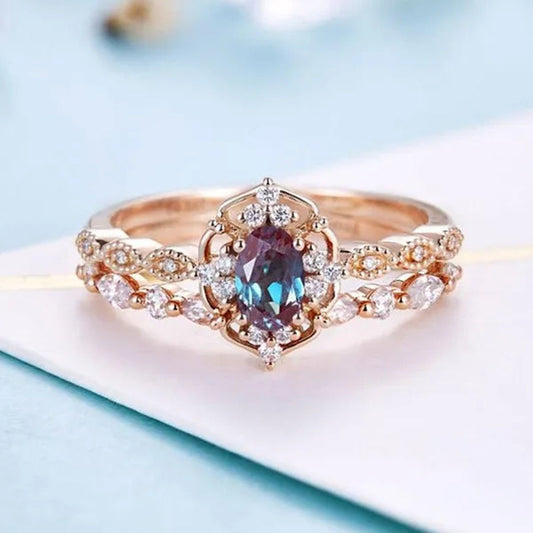 2Pcs Vintage Alexandrite Engagement Ring Rose Gold Color Wedding Ring Antique Oval Cut Bridal Ring Art Deco Halo Ring Milgrain Anniversary Ring Size 5-11 Bague Femme