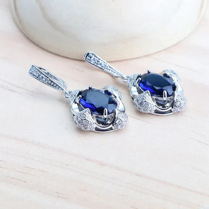 925 Silver Blue/Green/Purple/Rainbow Zirconia Bridal Jewelry Set For Women Bracelet Earrings Pendant Necklace Rings