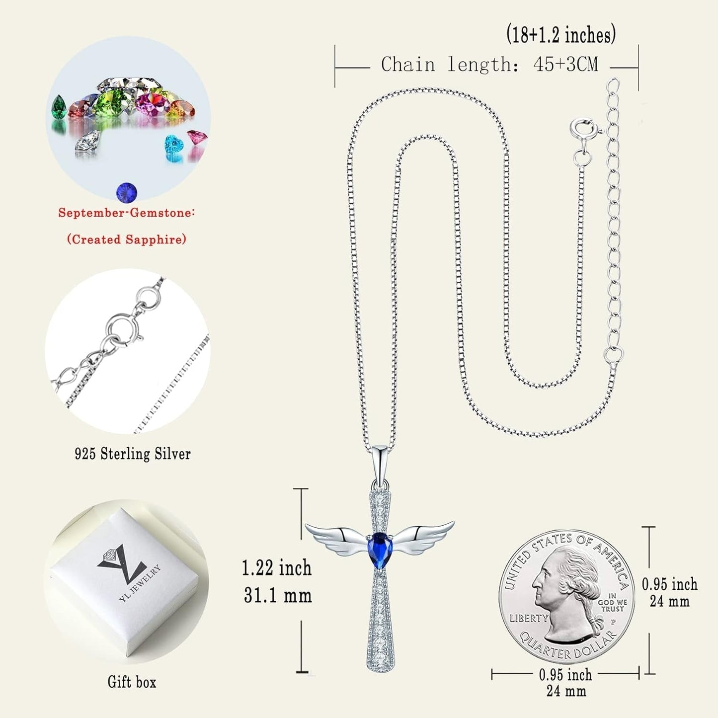 Cross Necklace 925 Sterling Silver Angel Wings Pendant Teardrop Birthstone Criss Jewelry for Women