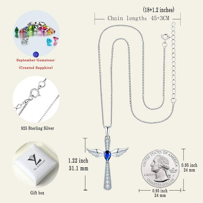 Cross Necklace 925 Sterling Silver Angel Wings Pendant Teardrop Birthstone Criss Jewelry for Women