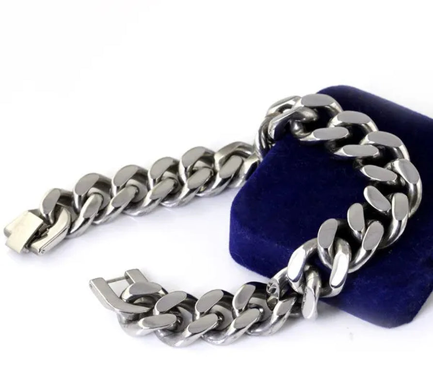 New Heavy Silver Tone 316L Stainless Steel Curb Chain Men'S Fashion Bracelet 9"