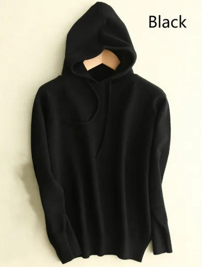 6 Colors Women Fashion Wool Pure Cashmere Casual Hooded Drawstring Pull Pullovers Plus Size S-XXL