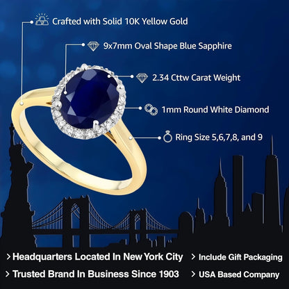 10K 2-Tone Gold Oval Blue Sapphire and Diamond Halo Engagement Ring for Women (2.34 Cttw, Oval 9X7MM, Gemstone Birthstone)