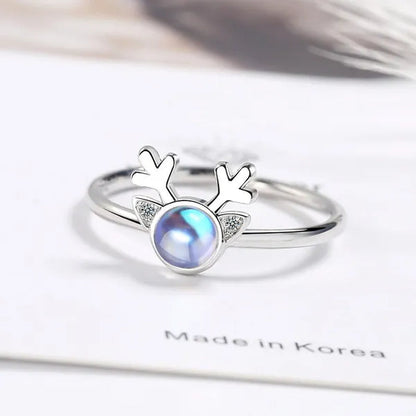 Korean Antler Ring 925 Sterling Silver Artificial Moonstone Rings for Women All with You Ring Adjustable Size - WORLD TIME VISITS