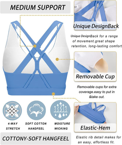 Sports Bra for Women, Medium-High Support Criss-Cross Back Strappy Padded Sports Bras Supportive Workout Tops