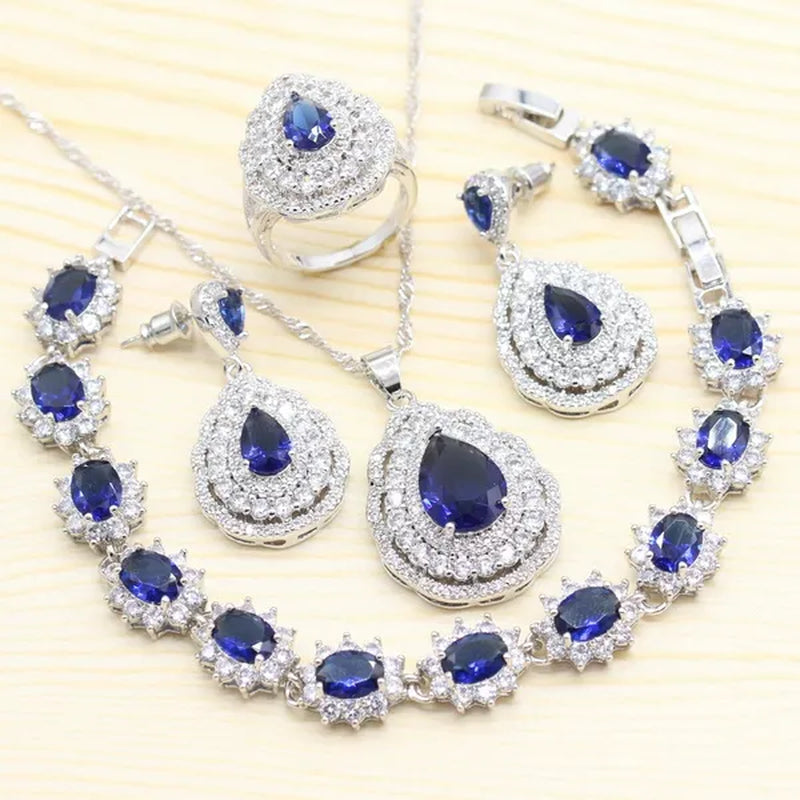 925 Silver Royal Blue Zirconia Wedding Jewelry Set For Women Heart Shape Necklace Pendant Ring Earrings Bracelet S Gift Box - WORLD TIME VISITS
