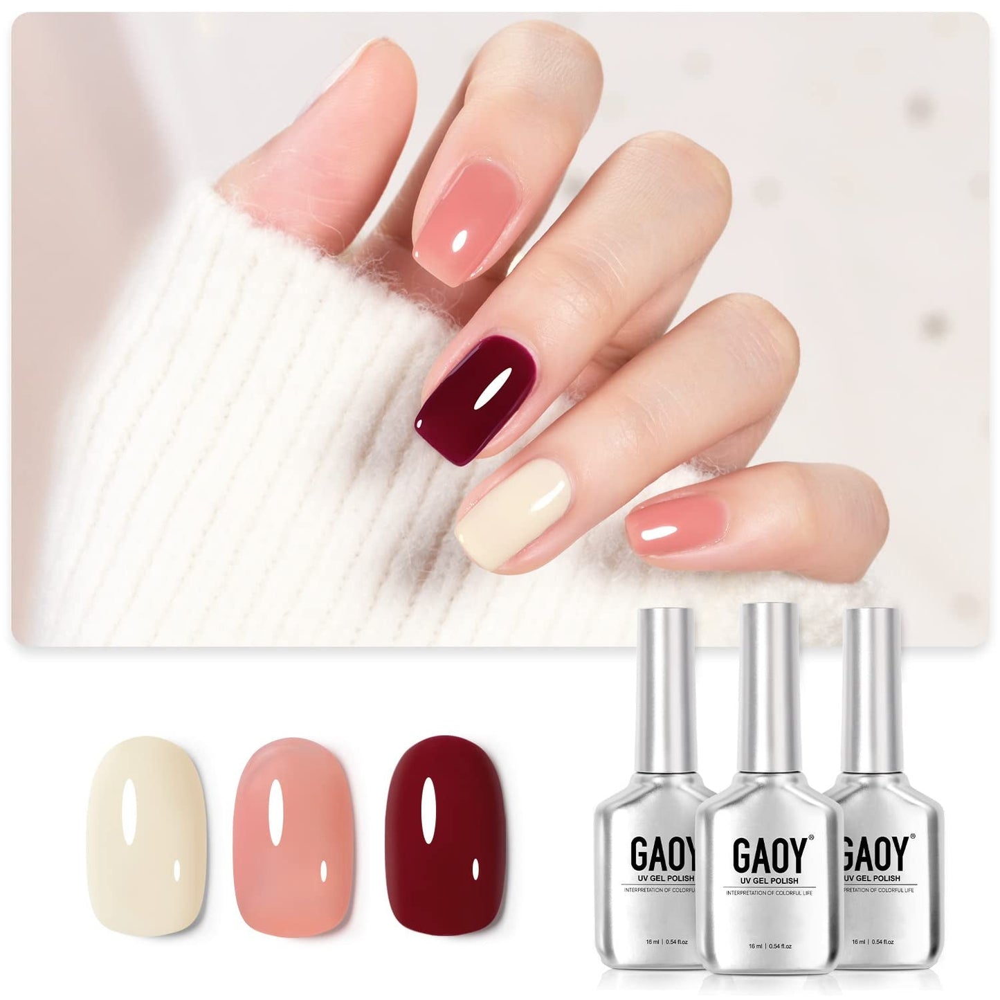 Gel Nail Polish Kit, 3 Colors 16Ml Jelly Pink off White Red, Sheer Soak off UV Gel Polish Set - Creamy Berry