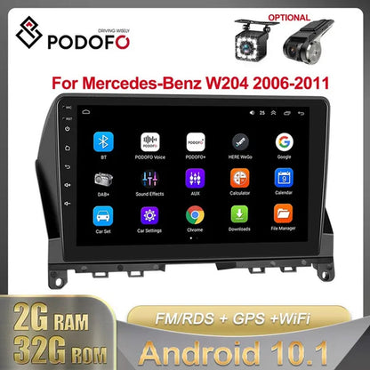 PODOFO【2+32G】HD 9'' Android 10.1 Car Radio Stereo with GPS Navigation Wifi Bluetooth FM/RDS for Mercedes-Benz W204 2006-2011 with 12LED Camera/ DVR (Optional)