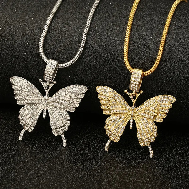 Colorful butterfly pendant necklace set with diamond alloy, snake chain, hip hop necklace for men and women