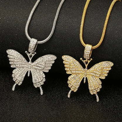 Colorful butterfly pendant necklace set with diamond alloy, snake chain, hip hop necklace for men and women