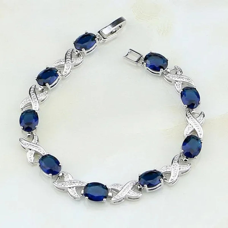 925 Sterling Silver Jewelry Blue Sapphire White Topaz Chain&Link Charm Bracelets For Women