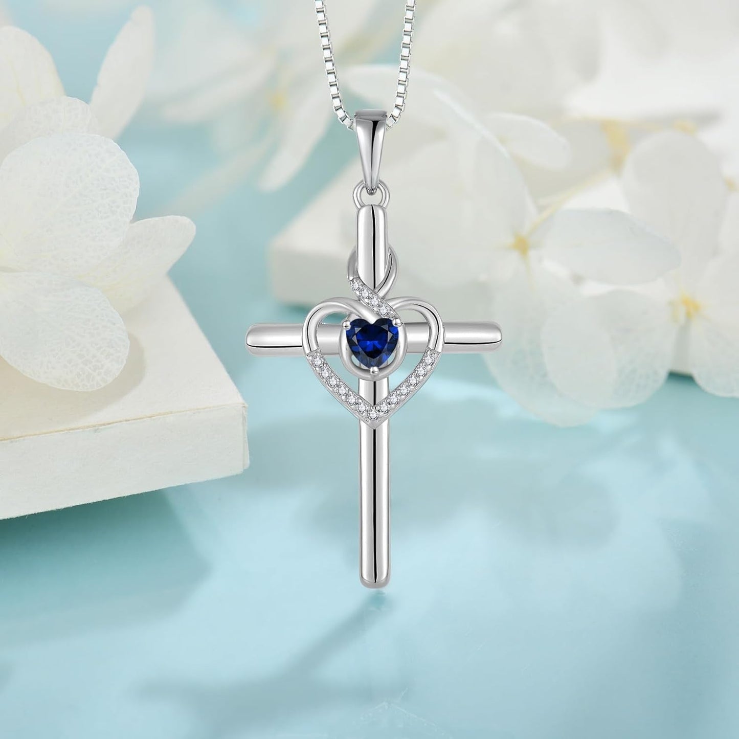 Heart Cross Necklace for Women 925 Sterling Silver Infinity Cross Pendant Birthstone Necklace Religious Jewelry Gift for Women Her Mom Wife Girlfriend Daughter