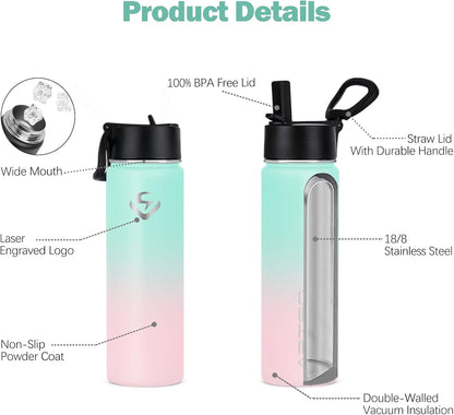 24Oz Stainless Steel Insulated Water Bottle with Straw & Two Lids,Double Walled Vacuum Insulated Leak Proof Hot Cold Water Bottles, Green/Pink Gradient - WORLD TIME VISITS