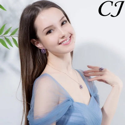 CANDICE BLUE Zirconia Stone Flower Stud Earrings Necklace Ring Fashion Sterling Silver Plated Jewelry for Christmas Party