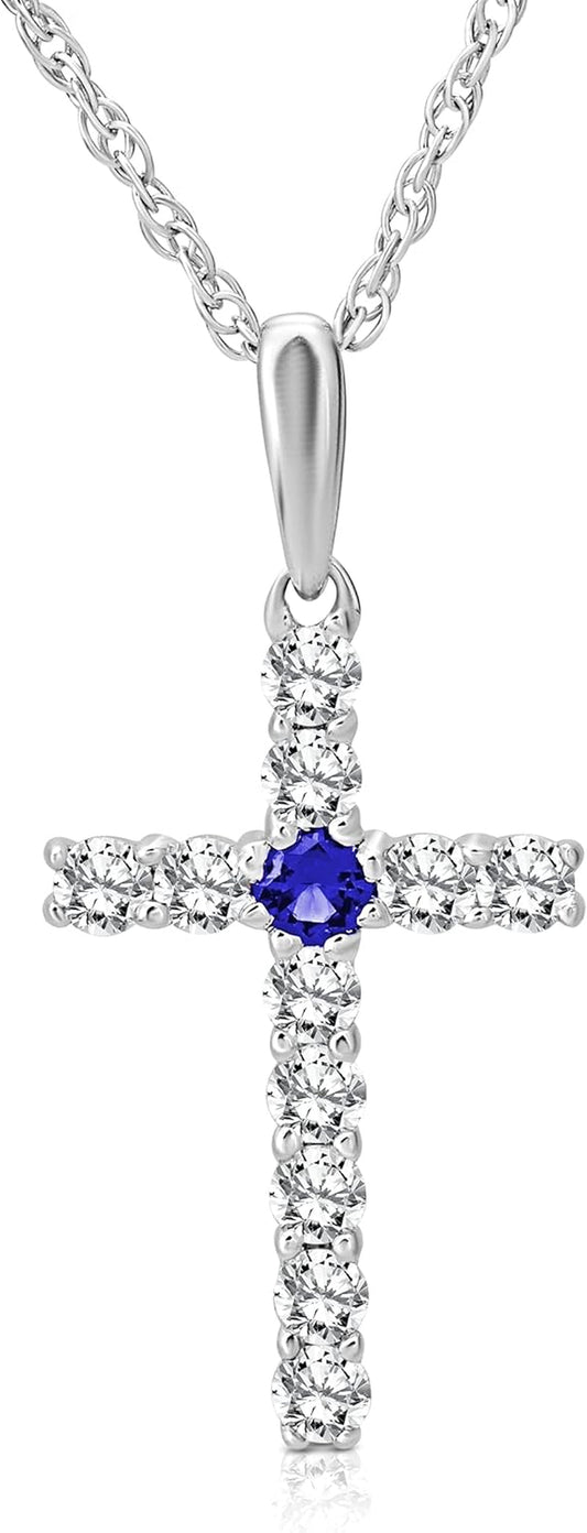 14K Gold Diamond and Created Blue Sapphire Cross Pendant with Sterling Silver Rope Chain Necklace (1/4 Cttw, I-J Color, I2-I3 Clarity), 18" - WORLD TIME VISITS