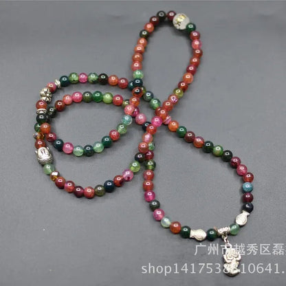 Lucky 6Mm Tourmaline Agate 108 BEADS BRACELET HANDMADE Agate Vingage Silver Plated Necklace