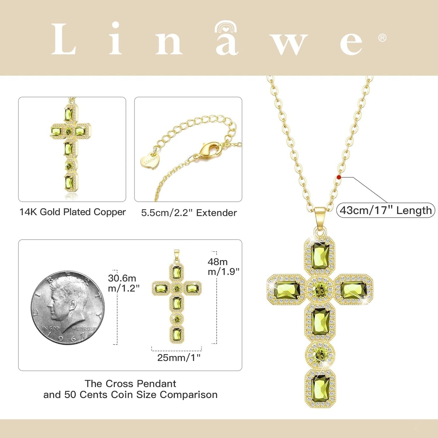 Cross Necklace for Women, Gold/Silver Jewelry Cross Charm Chain Necklaces, Moissanite Crystal Birthstone Cubic Zirconia Rhinestone Necklace, Religious Gifts