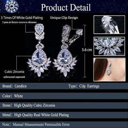 CANDICE Gorgeous Women Japanese Wedding CZ Non Hole Clips on Earrings Inlay Water Drop Clear Crystal Luxury Bridal Ear Jewelry Without Piercing