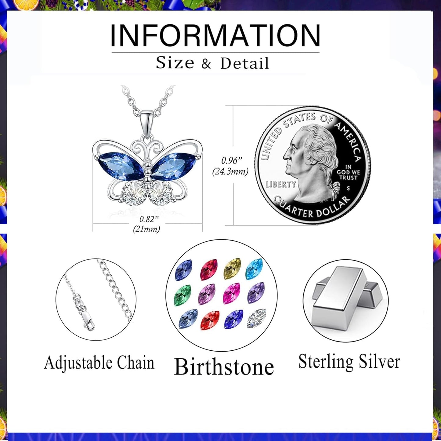 12 Birthstone Butterfly Pendant Necklace for Women 925 Sterling Silver Cubic Zirconia Butterfly Jewelry Christmas Wedding Birthday Gifts for Mom Wife Daughter