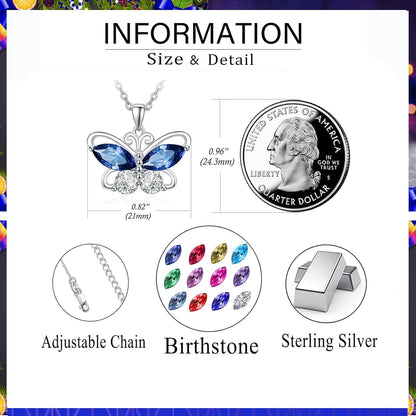 12 Birthstone Butterfly Pendant Necklace for Women 925 Sterling Silver Cubic Zirconia Butterfly Jewelry Christmas Wedding Birthday Gifts for Mom Wife Daughter