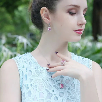 Gloriya Elegant Purple CZ Square Pendant Chain Necklace Earrings and Ring Set Women Fashion Silver Plated Jewellery Sets for Best Gifts