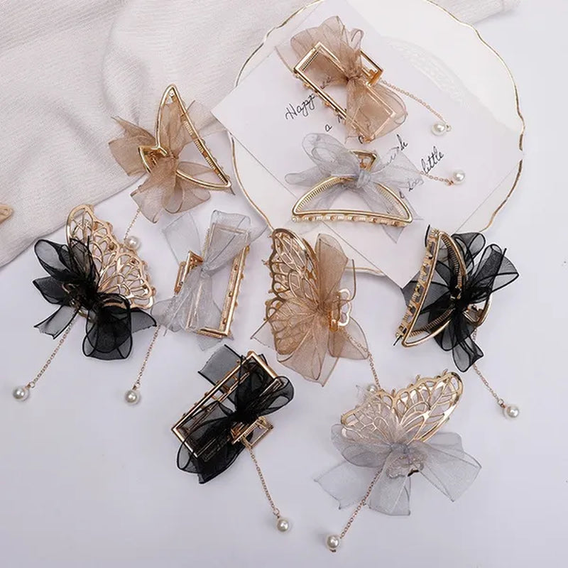 Bow Ribbon Pearl Pendant Tassel Hair Claw Hair Accessories Headdress Metal Grab Clip Hair Clip Shark Clip