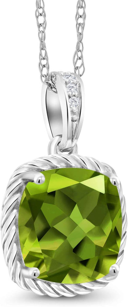10K White Gold Cushion 8MM Gemstone Birthstone and White Diamond Pendant Necklace | Gold Necklace for Women | with 18 Inch Silver Chain