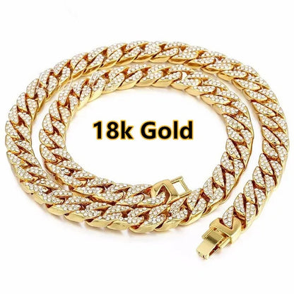 2022 New Gold/Silver Titanium Steel Chain Full Diamond Miami Cuban Link Necklace Men Punk Necklace