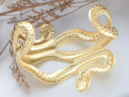 Metal Tone Asian Carved Double Twin Dancing Snakes Serpents Bangle Bracelet, Gold
