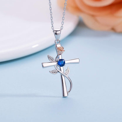 Cross Necklace for Women 925 Sterling Silver Birthstone Necklace for Womens Cross Pendant 5A Cubic Zirconia 12 Birth Months Birthday Gifts for Women Wife Her