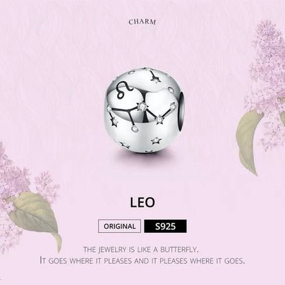 European Hot 12 Constellation Zodiac round 925 Sterling Silver Beads Charm for Women Bracelet Shining CZ Charm Fit Original Bangle Necklace DIY Jewelry Making