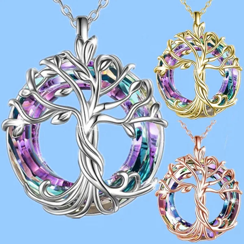 Exquisite Fashion Women'S Life Tree Necklace round Crystal Pendant Engagement Necklaces for Women Life Tree Jewelry Birthday Anniversary Gift